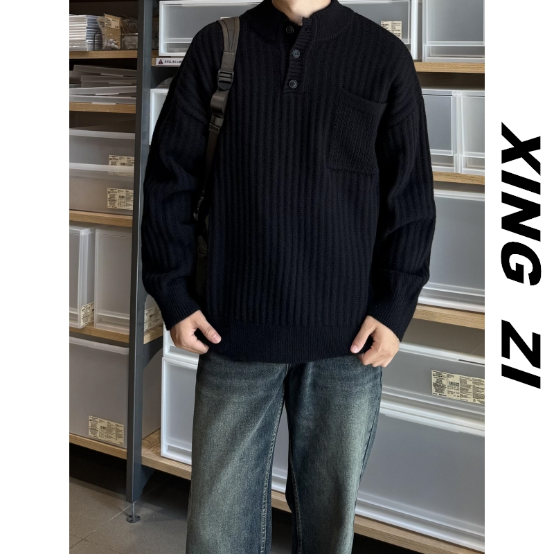 日系复古潮牌针织毛衣男宽松百搭