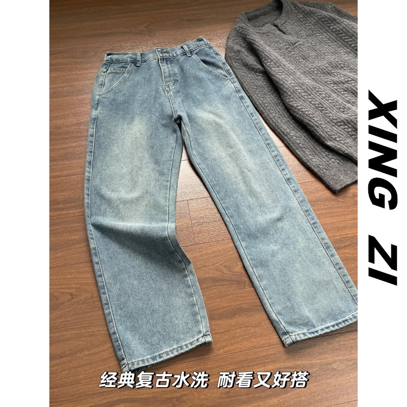 港风复古牛仔裤男生小个子直筒宽松九分裤春夏季潮流百搭显高裤子