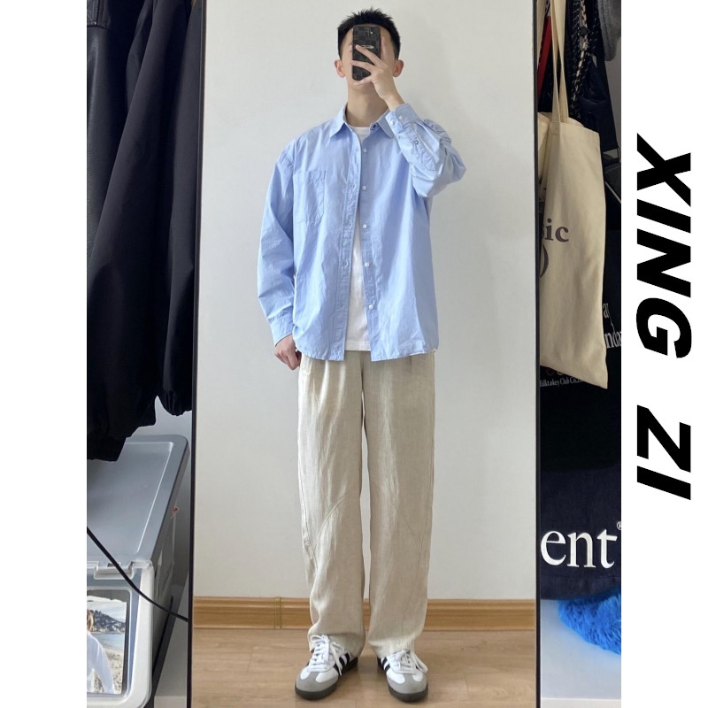 春夏季新款长袖衬衫男款宽松休闲百搭港风潮牌衬衫情侣外搭衬衣男