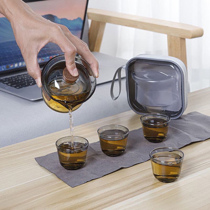 玻璃盖碗旅行茶具套装透明泡茶碗茶杯手抓壶便携式户外快客杯批发