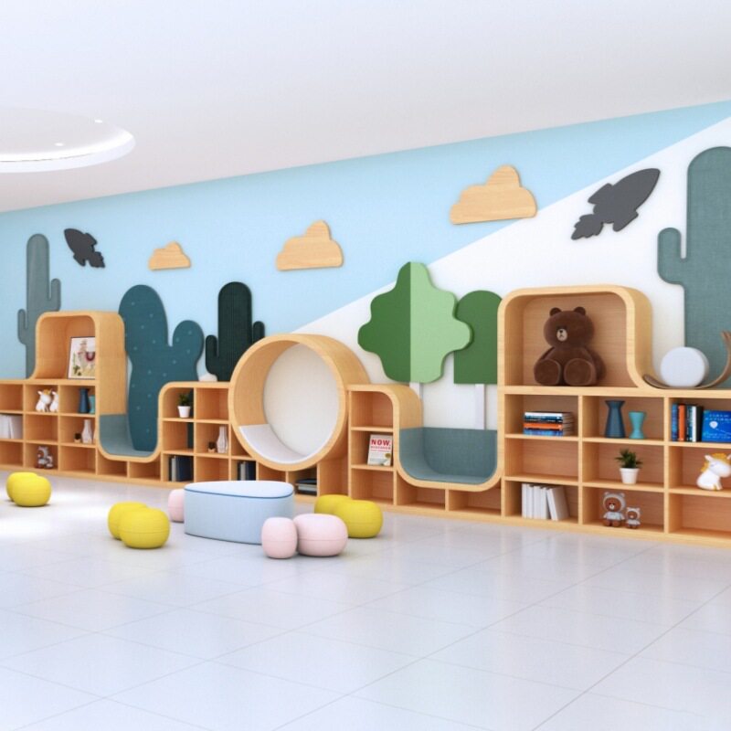 幼儿园木制保育桌椅整墙书柜