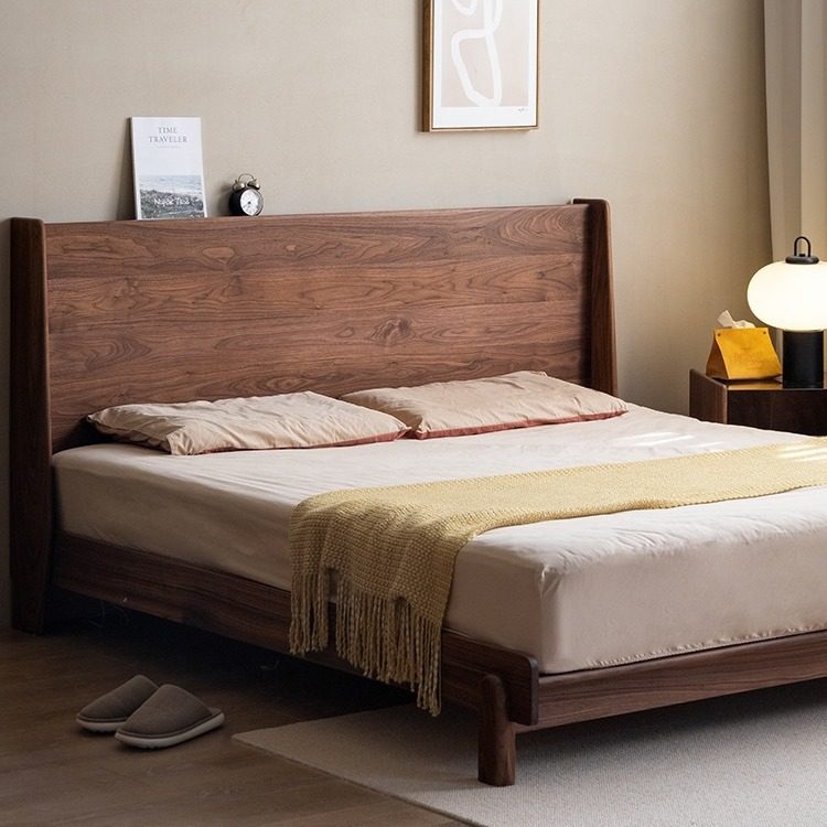北欧全实木悬浮床黑胡桃木小户型家用主卧床1.5米 双人床原木家具