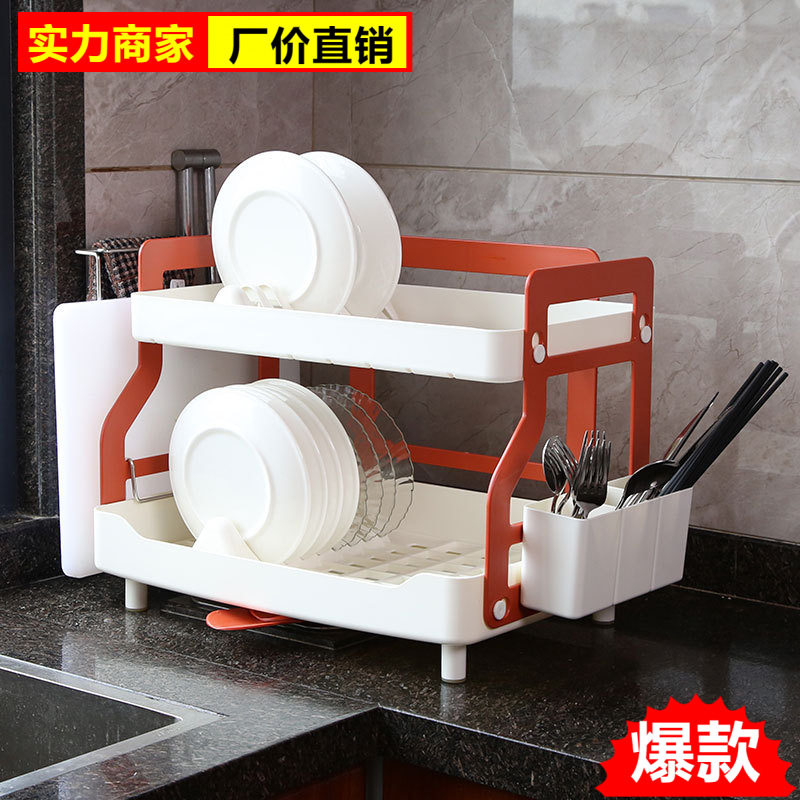 家用厨房沥水碗架大号双层碗筷置物架餐具收纳盒多层翻盖塑料碗柜