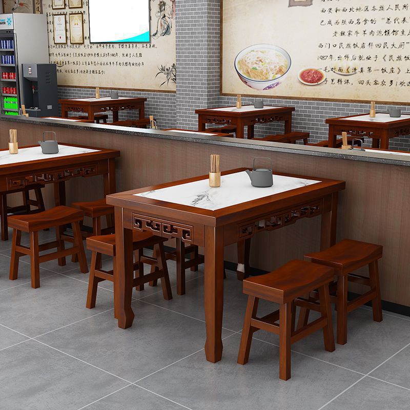 实木饭店餐桌椅面馆桌椅组合小吃店复古花早餐餐桌火锅烧烤碳化桌