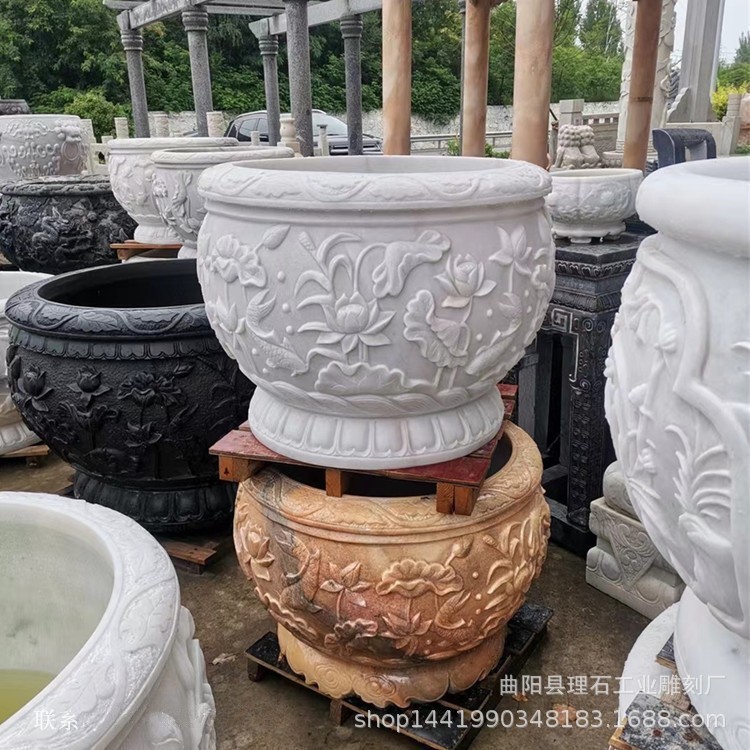 中式汉白玉圆形石雕鱼缸花盆