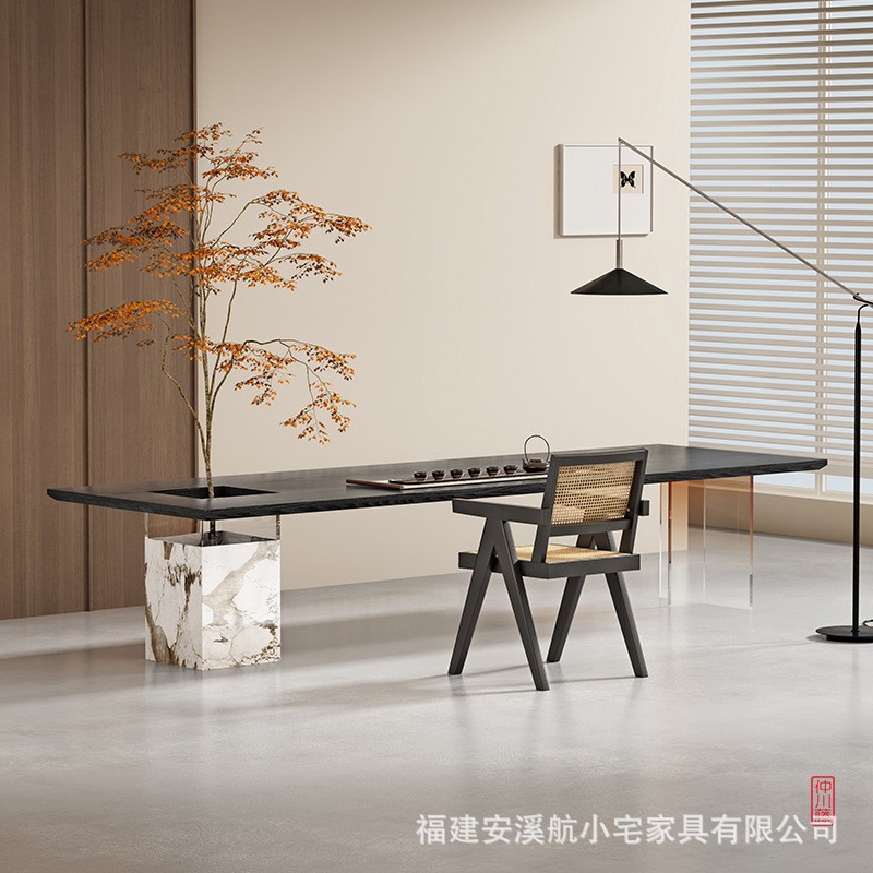 现代简约茶桌景观一体茶台设计师极简实木大板泡茶桌客厅碳化茶几