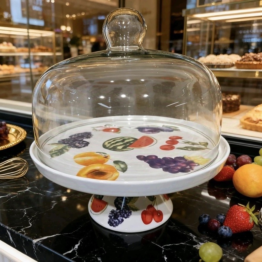 十寸水果高脚盘展示架点心玻璃罩子甜品台盘食品盖高脚托盘带盖