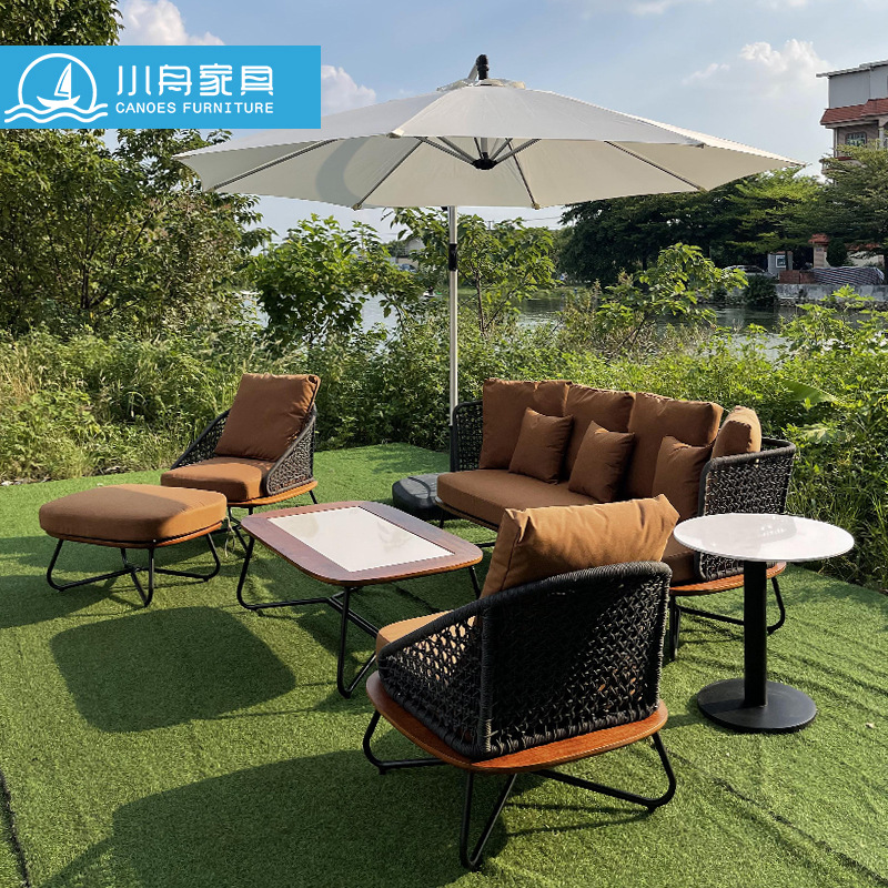 小舟户外绳编沙发室外庭院别墅防水防晒休闲实木沙发茶几组合家具