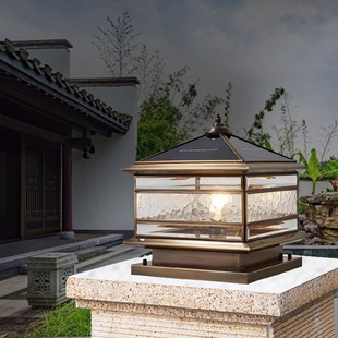 全铜柱头灯别墅大门灯庭院围墙灯四方形户外防水欧式门柱灯大门灯