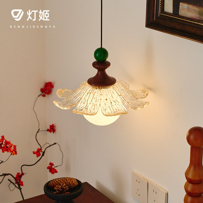 法式中古风卧室床头吊灯树脂金箔复古胡桃木色复古餐厅吧台吊线灯