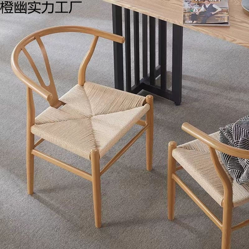 中式原木绳编扶手带靠背Y椅