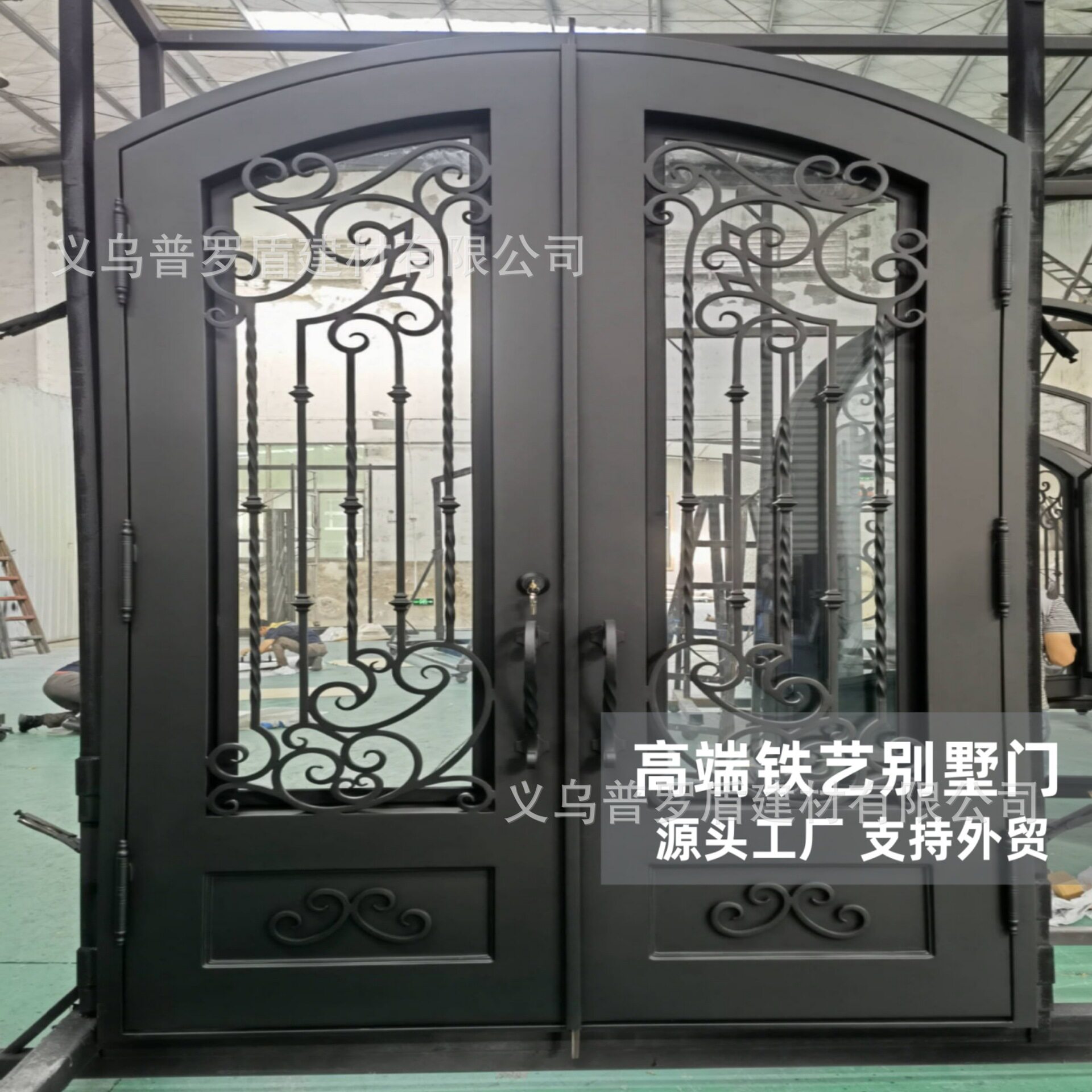 欧式复古拱形铁艺玻璃双开大门