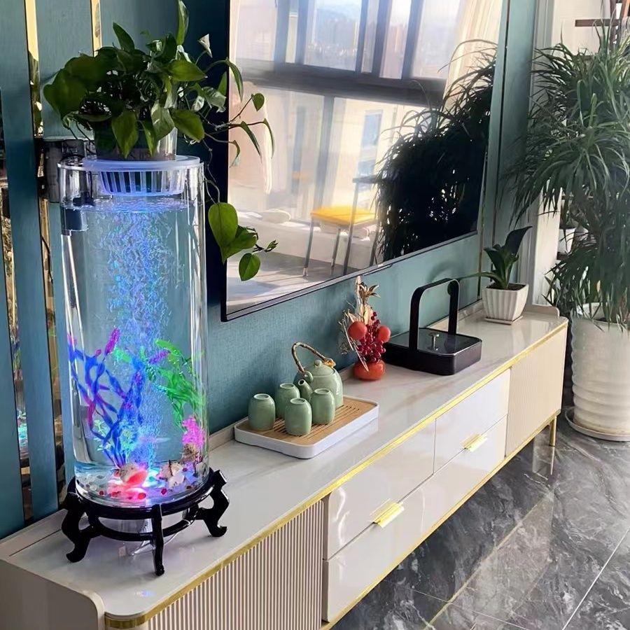 小型圆柱形鱼缸客厅家用超白玻璃金鱼缸桌面简约灯光静音充氧鱼缸