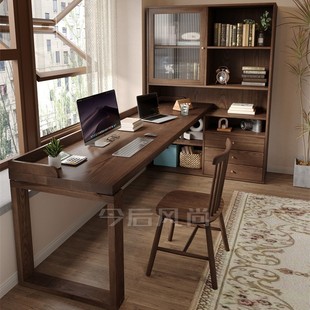 复古风儿童学习全实木书桌书柜一体写字工作台转角式电脑长条桌子