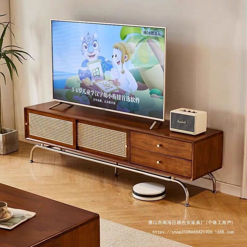 GY北欧实木电视柜茶几组合家用小户型客厅复古藤编落地收纳储物柜