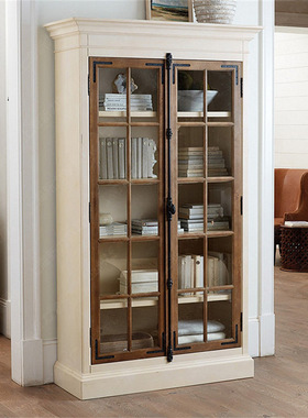 美式实木书柜书架置物架组合柜子白色简约轻奢落地客厅柜带玻璃门