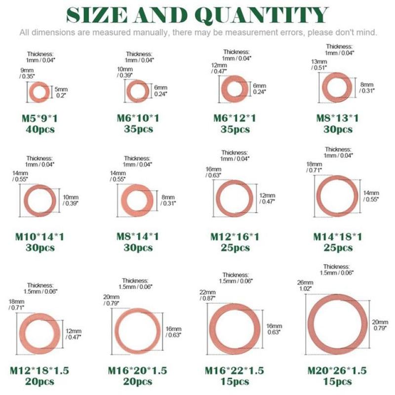 Copper Washers, 320Pcs 12 Sizes, Copper Metric Sealing Washe