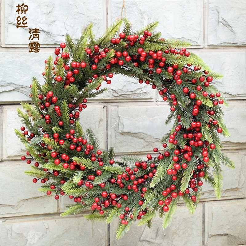 耶诞花环门饰塑料叶子仿真树叶松针红色发财果仿真花手工拍照挂饰