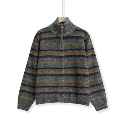 【花花推荐】时尚条纹花纱拉链毛衣立领3246-354-A458