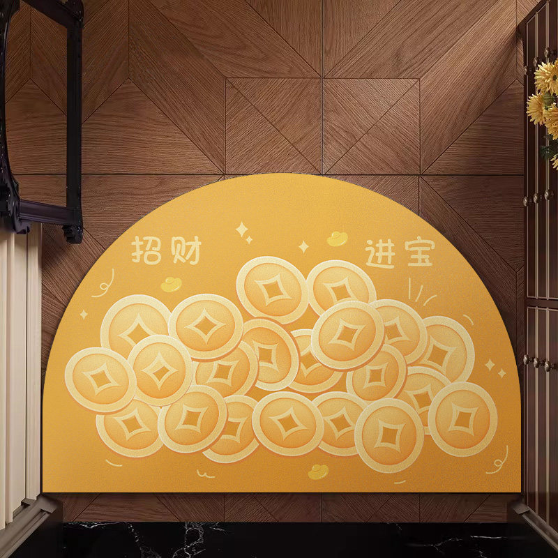 招财进宝地垫入户门半圆形脚垫中式铜钱防滑皮革玄关门口喜庆地毯