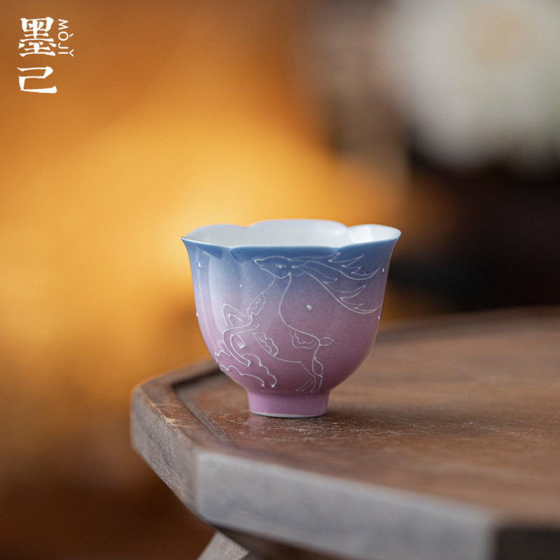 唐宋梦幻紫渐变花口茶杯手绘鹿踏祥云喝茶单杯陶瓷品茗杯小号家用
