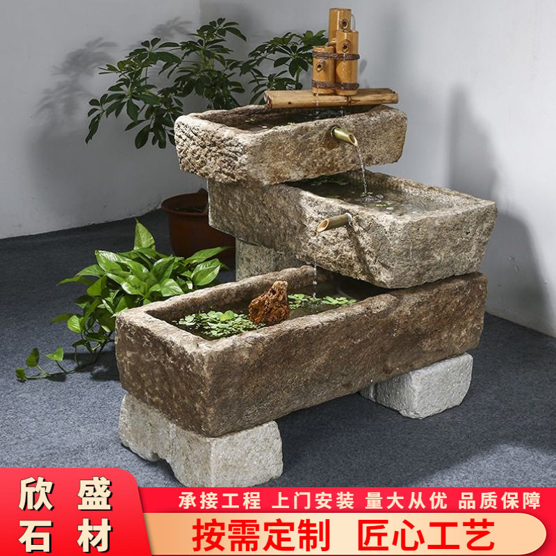 青石石槽鱼缸造景庭院流水摆件