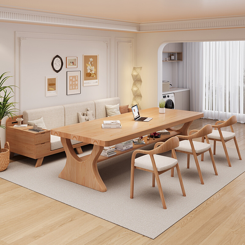 原木个性双层实木书餐实木双人学习桌子学生写字台家用餐书桌一体