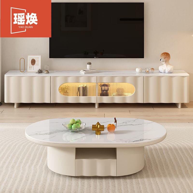 奶油风客厅岩板茶几小户型家用现代轻奢高级感电视柜组合2025新款