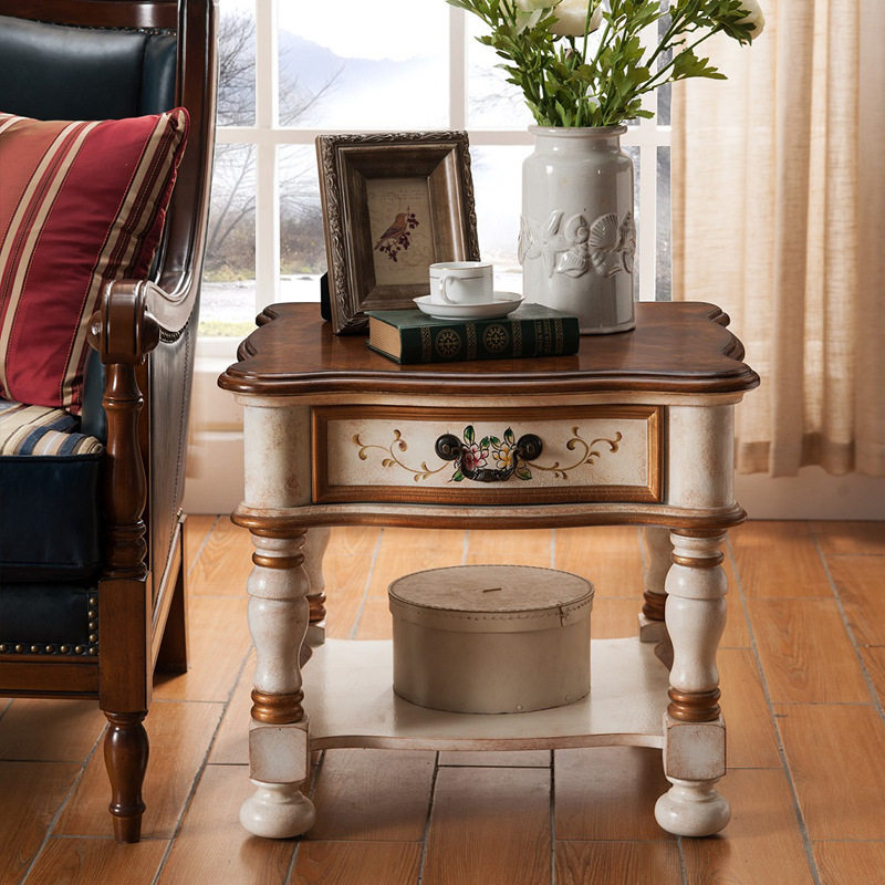 美式乡村沙发旁角几实木手绘边桌复古做旧花瓶摆件桌批发客厅家具
