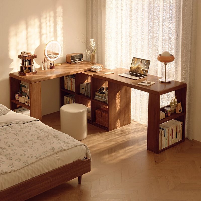 实木书桌2025新款女生卧室转角梳妆台斗柜一体家用双人L型电脑桌