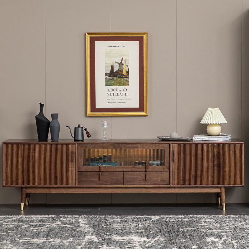 现代全实木简约式格栅黑胡桃木电视柜视北欧轻奢听柜地柜客厅家具