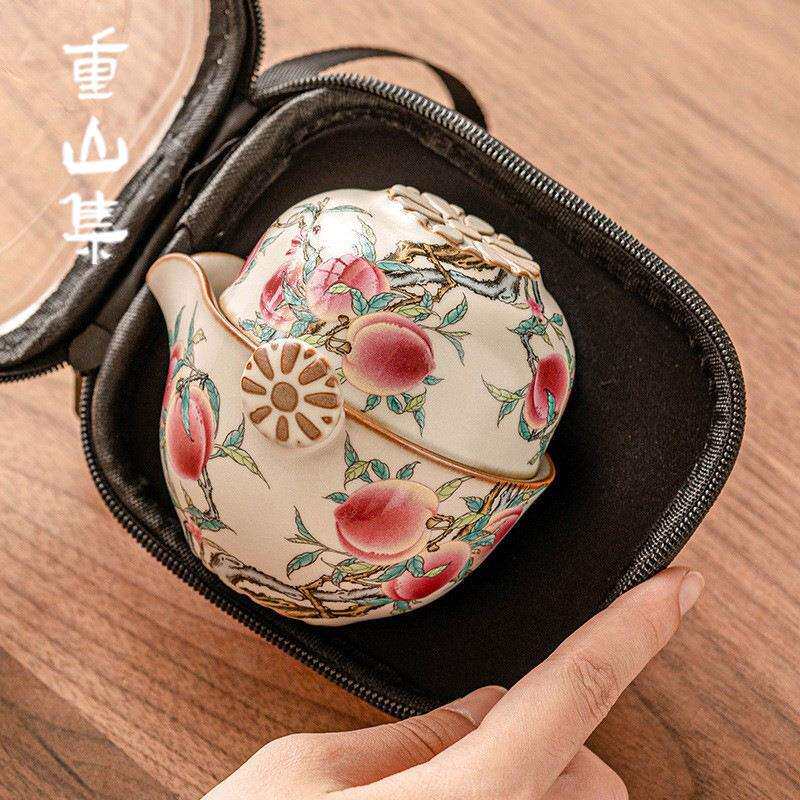 汝窑粉彩九桃旅行茶具套装便携式户外功夫陶瓷茶壶茶杯中式快客杯
