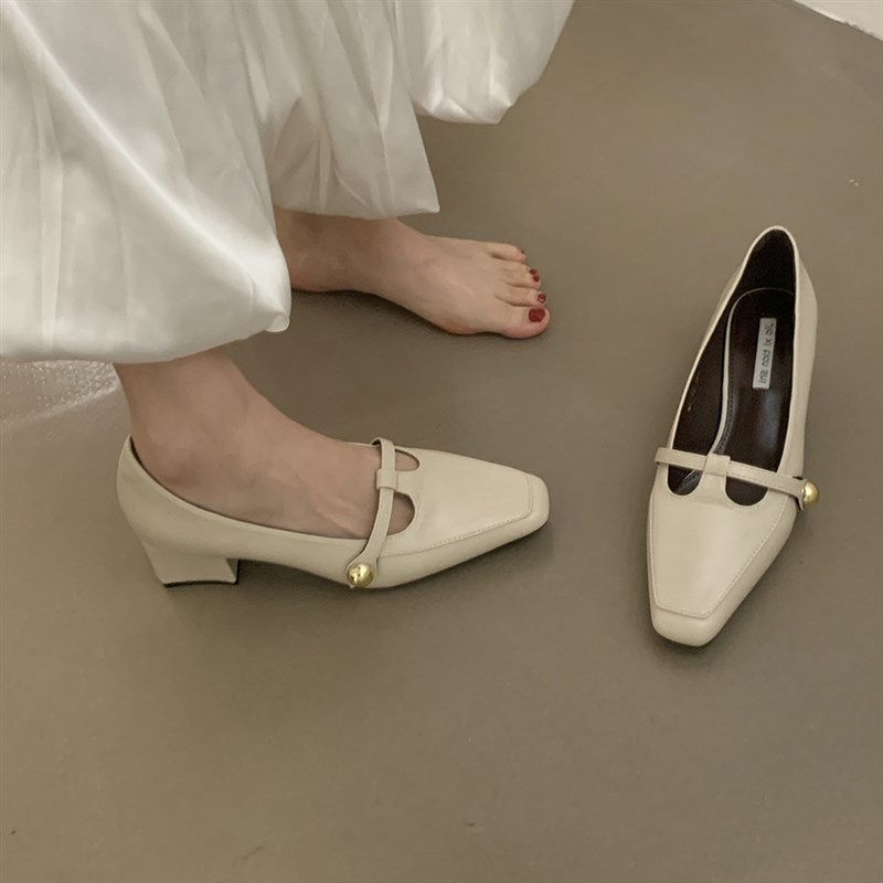 粗跟玛丽珍单鞋女鞋2023新款夏季法式中跟晚晚风黑色配裙子小皮鞋