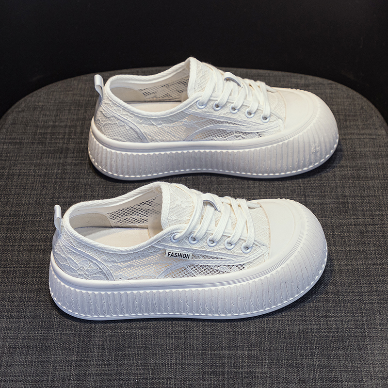 厚底松糕渔夫鞋女2023夏季新款大头丑萌饼干鞋透气网纱蕾丝小白鞋