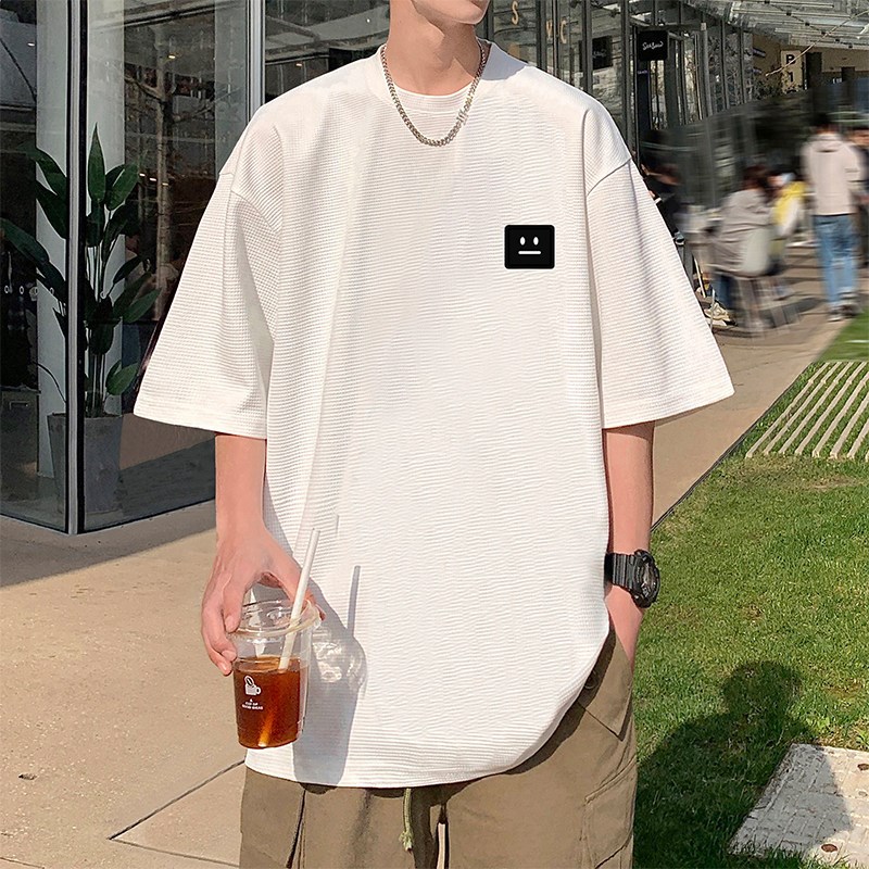 刺绣贴标笑脸短袖T恤男夏季港风2024新款宽松半袖潮牌华夫格体恤