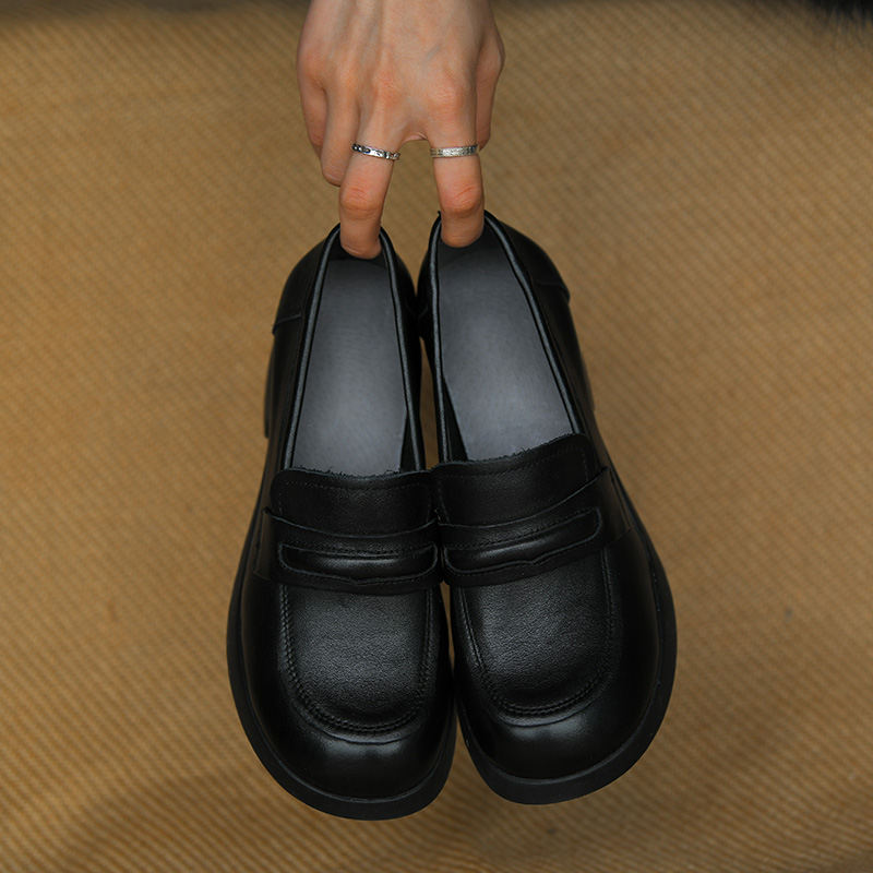 圆头英伦风女鞋深口一脚蹬小皮鞋新款百搭粗跟单鞋女秋中跟乐福鞋