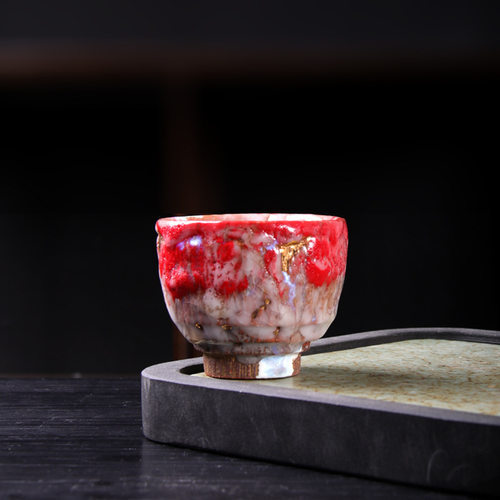 中式志野烧流釉主人杯大号手工虫洞茶杯高杯复古粉红斗笠杯品茗杯