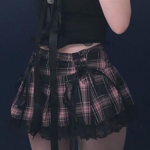 极速Lace Goth Skirts Y2K Pink Woman Plaid Tri Lace Stripe