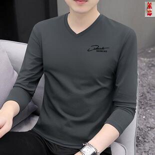 知匹男装2023秋长袖T恤V领上衣休闲秋衣中青年打底衫潮流春秋T恤