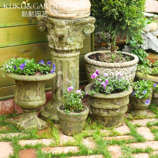 欧式花盆绿苔粗陶盆陶土复古做旧美式乡村风小金杯奖杯大陶瓷花盆
