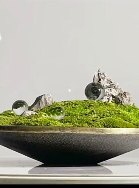好货中式铜色圆盘永生苔藓盆景酒店售楼处高脚枯山石餐桌玄关软装
