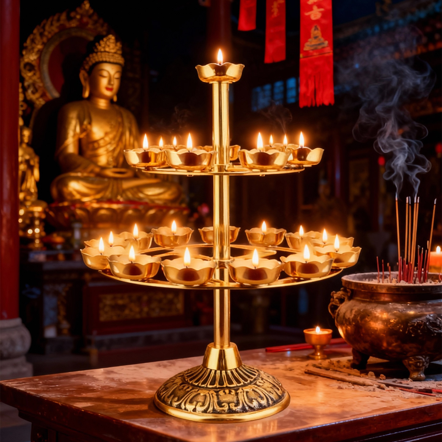 纯黄铜佛具莲花灯座21星蜡烛底座高端金色庄严殊胜仪式供灯长寿灯