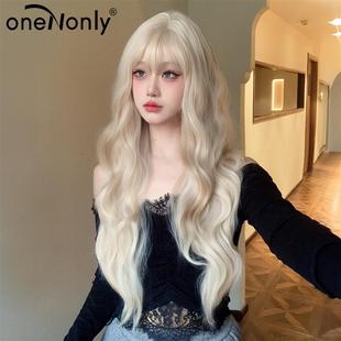 韩系假发女长卷发齐刘海大波浪仿真自然白金色机织化纤丝逼真假发
