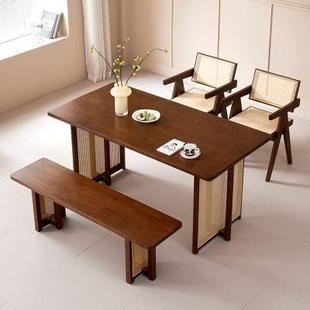 实木餐桌藤编长方形饭桌家用小户型桌子民宿诧寂风餐桌椅组合 日式