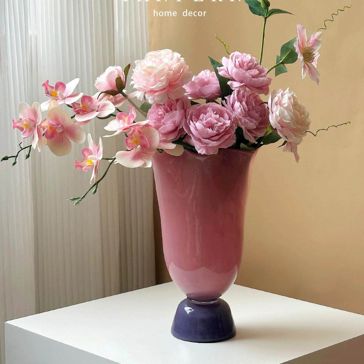 脚玻璃果盘创意花边玻璃花客厅软装饰工艺品插花水培花器
