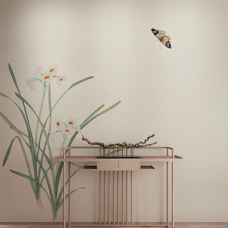 现代中式水仙蝴蝶意境装饰壁纸客厅电视背景墙纸玄关茶室定制壁画图片