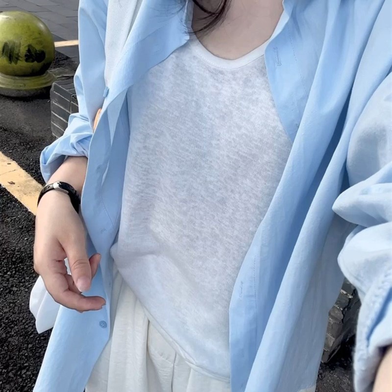 速发慵码风色宽松大懒蓝外搭开衫中长款长袖衬衣外套秋