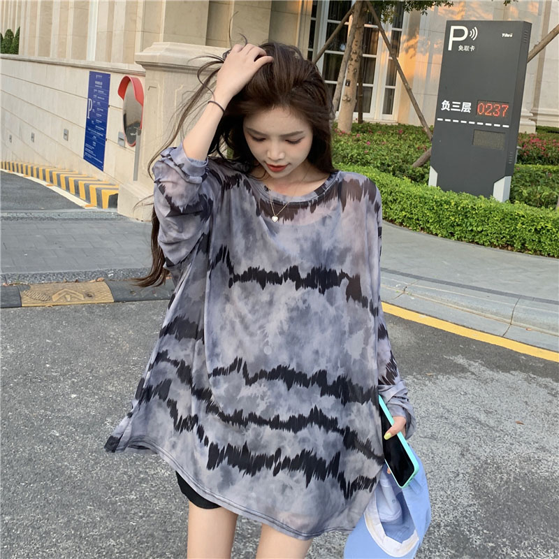 速发设尚感长款t恤夏遮屁股宽松圆领时计彩纹款薄上衣防晒外穿