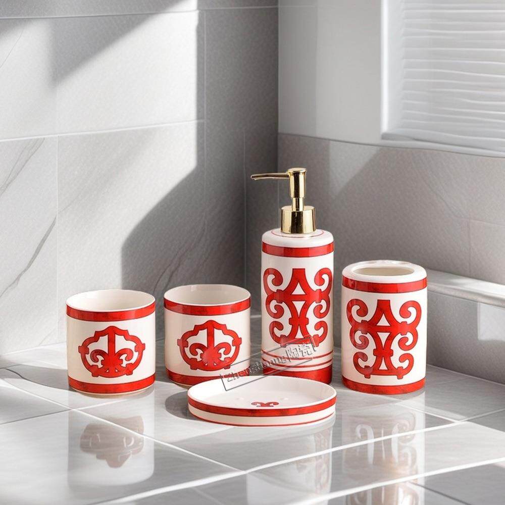 欧式陶瓷浴室用品五件套时尚轻奢沐浴容器瓶皂盒牙具漱口杯