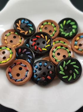 天然木头扣二眼线圈儿童装卡通木头纽扣穿绳木质扣子